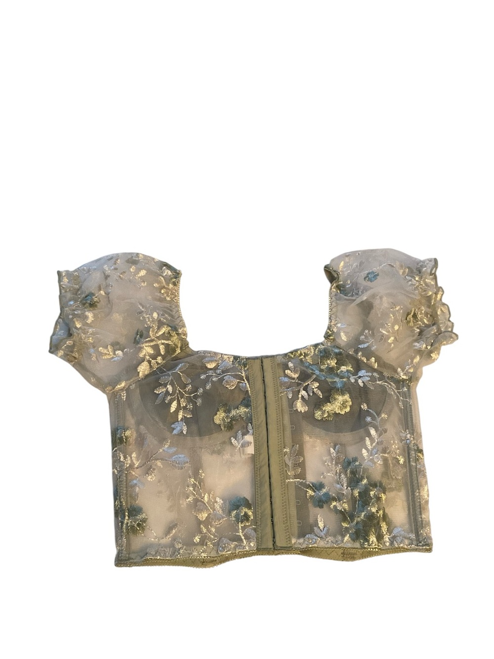 ROMWE Sheer Embroidered Puff Sleeve Crop Top - Cream & Green Underwire Sheer S